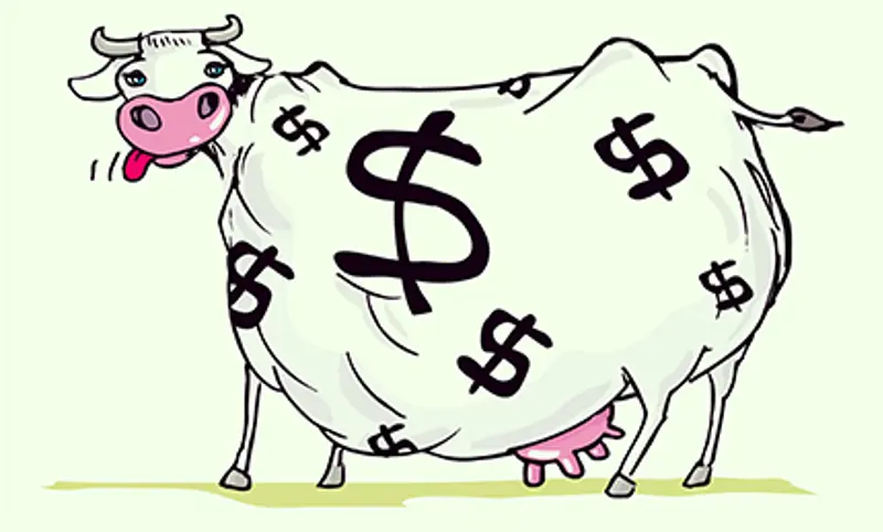 Picture of a drawn cow with dollar signs on.