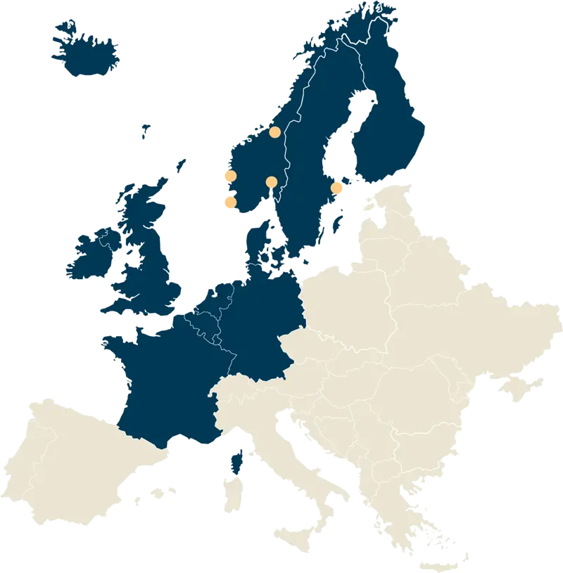 Kart over Norden og Europa, der de nordiske landene og flere land i Europa er markert.