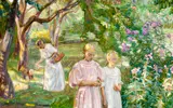 Painting showing woman and children in a garden.