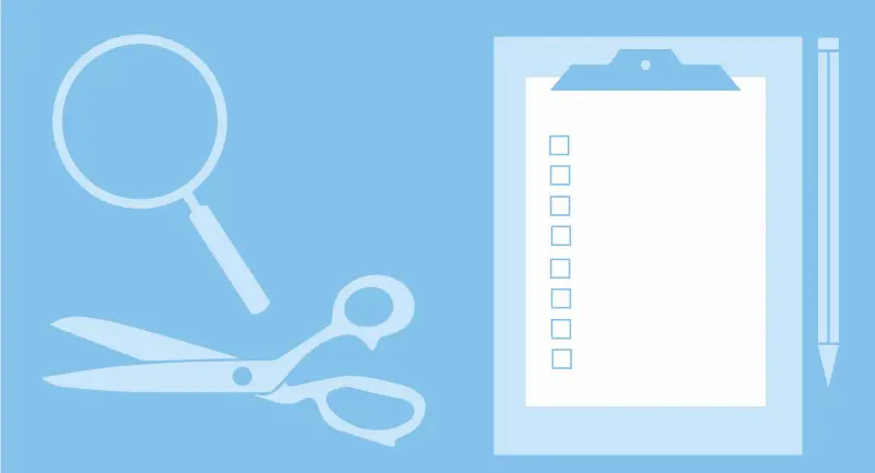 Illustration of magnifying glass, clipboard, pencil and scissors