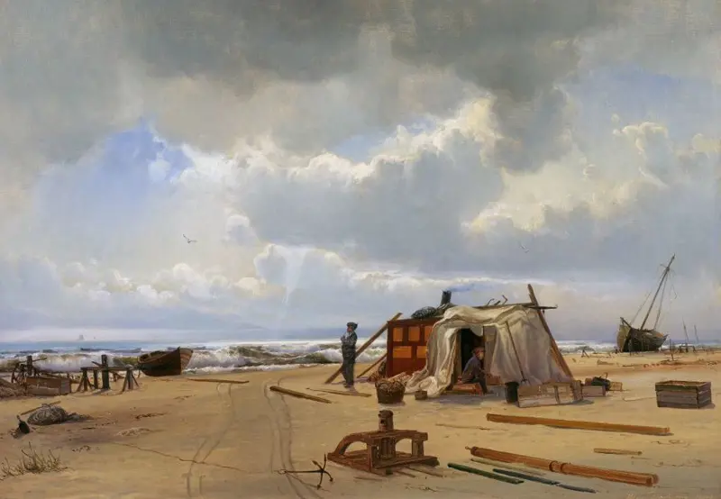 A wreck hut on Skagen's beach, 1872. By Holger Drachmann, one of the Skagen painters. The picture belongs to the Skagens Museums.