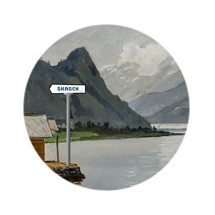 Maleri av nordiske fjell og skilt med SKAGEN logo.